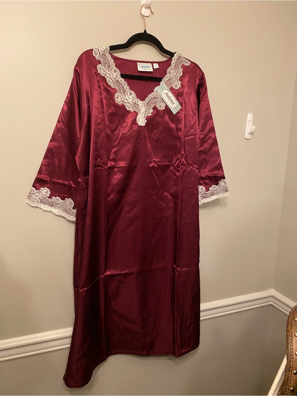 Lace-Trim Satin Nightgown in Burgundy